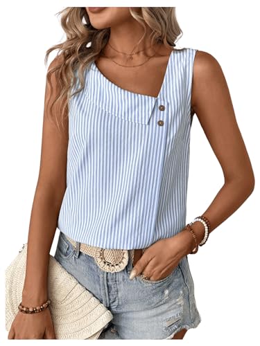 Women's Button Asymmetrical V Neck Striped Print Blouses Casual Sleeveless Tank Top Summer Shirt Tops