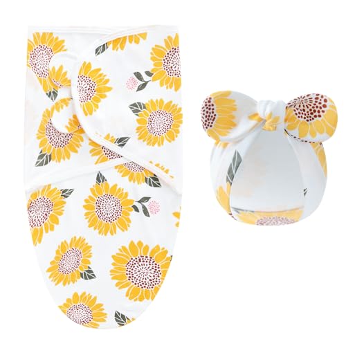 Image of Baby Swaddle Sleep Sack with Hat Set for 0-3 months 3-Pack Soft Cotton Newborn Wearable Swaddle Wrap for Girls Boys (Yellow Set)