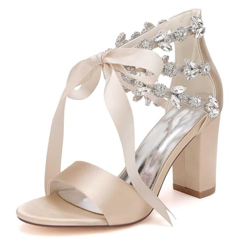 Womens Wedding Shoes Rhinestones Wedding Chunky Heels for Dress Shoes Pumps Satin Evening Dark Women Wedding Shoes for Bride High Heel Bridal Shoes Lace up(Champagne,5)