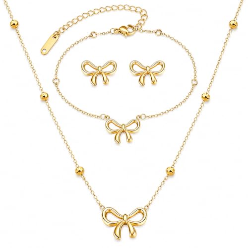 YANCHUN Bow Jewelry Set Necklace Bracelet Earrings Gold Christmas