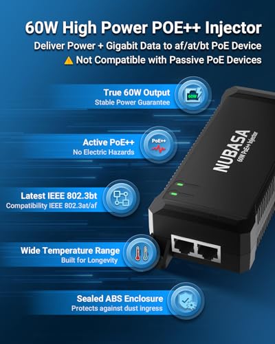 NUBASA 60W PoE++ Injector – IEEE 802.3bt Class 6 Gigabit Power Over Ethernet Adapter for PTZ Cameras, Accesss Point, Digital Signage, & Industrial Devices, Plug-and-Play - Thumbnail 2