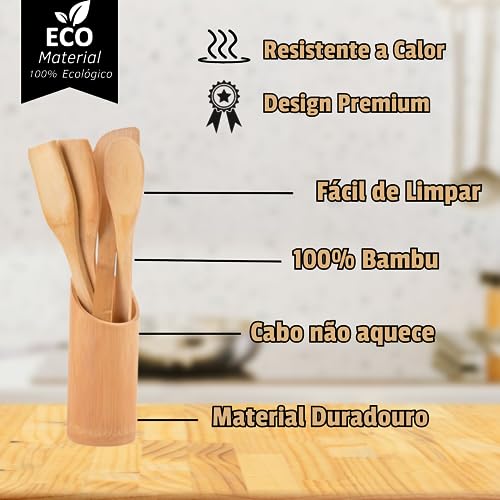 Kit de Utensílios de Cozinha 5 Peças Bambu com Suporte Resistente ao Calor 100% Ecológico Kit Utensí