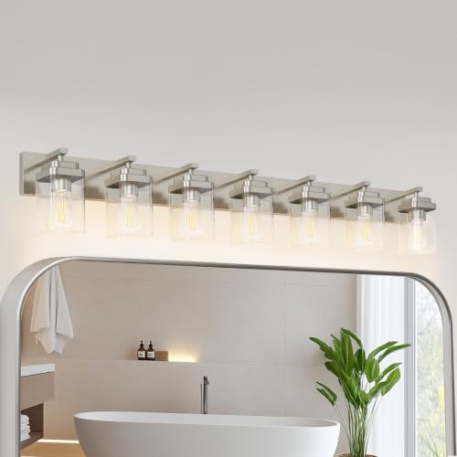 Image of Brushed Gold Bathroom Light Fixtures, 7 Lights Bathroom Lighting Fixtures Over Mirror, Square Design & Rectangle Large Backplate, Modern Vanity Lighting Fixtures, for Living Room /Bedroom