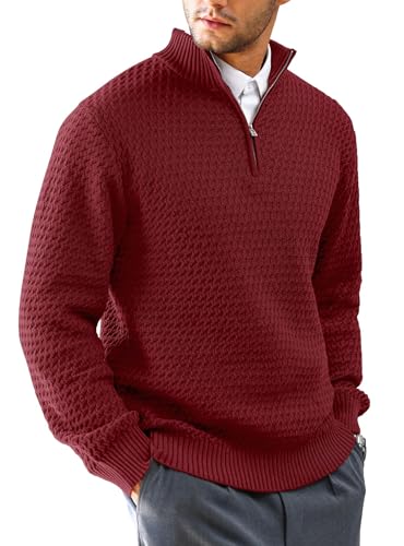 HYPESTFIT Mens Quarter Zip Sweater Mock Neck Knitted Pullover Long Sleeve Jumper Casual Top Red M