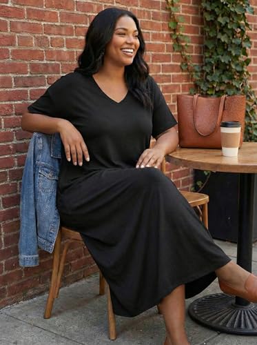 Image of SUZONANA Black Plus Size Maxi Dresses for Women Short Sleeve Summer T-Shirts Casual Dress Sundress with Pockets 3XL