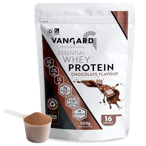 Vangard Essential Whey Protein Powder Chocolate Flavour (500g - 16 Servings), Soluble Protein Shake 23g of Protein Per Serving