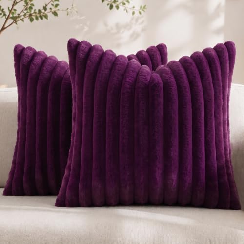 Pallene Faux Fur Decorative Throw Pillow Covers 18x18 Set of 2, Dark Purple