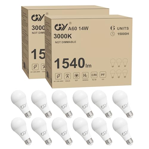 GY Bombilla E27 LED Blanco Cálido 14W 3000K 1540 Lumen, A60 de Bajo Consumo, 14W equivalentes a 100W, No Regulable 12 Unidad