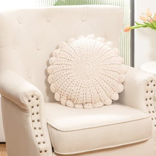 GARLVCAL Knitted Throw Pillow Round Couch Pillow Handmade Decorative Plush Pillow Cute Cushion (Beige 18inch)