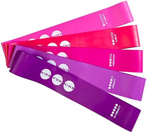 Nine For Nine 12"x2" Latex Free Exercise Loop Resistance Bands 5 Pack - 12" Mini Loop Exercise Booty Training Bands (Pink Set)