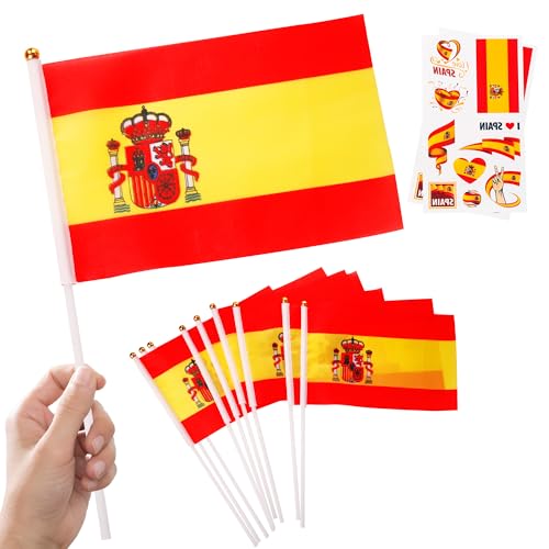 World Cup Football 2026 Spanish Tournament Flags Decorations 10pcs Small Spain Flags on Sticks & 2pcs Tattoos Mini Flags Hand Held Flags for football fans Game Day National Day Pub Party Decor