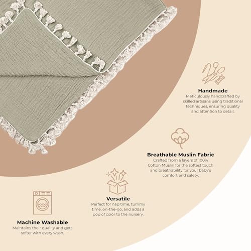 Crane Baby Green Muslin Baby Blanket, 6-Layer Cotton Baby Swaddle, Soft Cotton Lightweight Nursery and Stroller Blanket for Baby Boys & Girls, Fern Green, 30" x 40" by Crane Baby - Image 2
