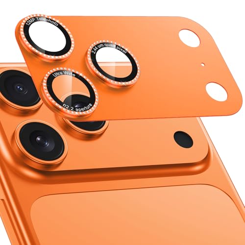 Casetego for iPhone 17 Pro Camera Lens Protector,[Upgraded Glitter Design],[Strong Adhesion],Completely Shiny 9H Tempered Glass Lens with Metal Accessories Camera Protection for Women,DullOrange