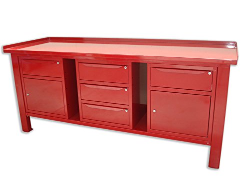 Banco de trabajo 2 mt. Piano de acero + 2 armarios de 1 cajón y puerta y armario de 3 cajones Sogi