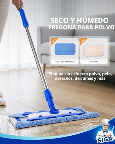 Miniatura 5 de Mr.Siga Trapeador Profesional De Microfibra Para Madera Dura, Laminado, Limpieza De Suelos De Baldosas, Incluye 3 Trapeadores Planos Reutilizables Y 1 Estropajo Para Quitar La Suciedad