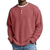 Generisch Herren Pullover Aus Baumwolle Waffelmuster Langarmshirt Mit Rundhalsausschnitt Und Knopfleiste Bequemer Strickpullover Für Herren（01-Weinrot，L） – Ansicht 2