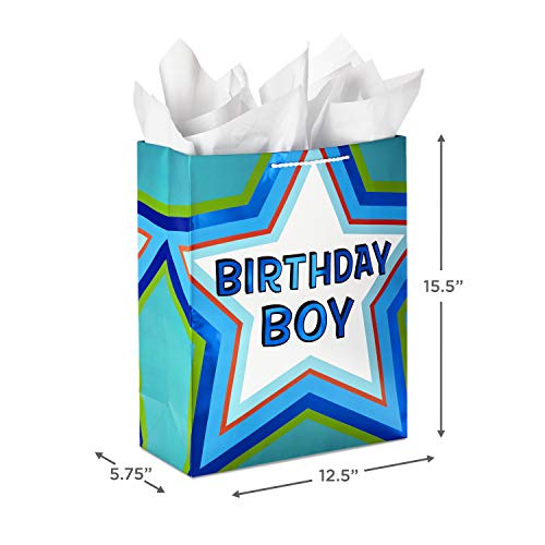 Hallmark 15" Extra Large Birthday Gift Bag With Tissue Paper ("Birthday Boy" Green And Blue Star) #TOP2