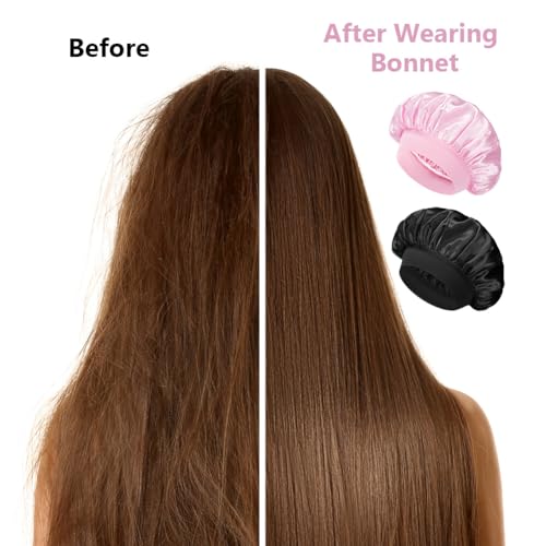 flintronic 2PCS Satin Haarhaube, Satin Seiden Schlafmütze, Nacht Schlafhaube, Schlafhaube Haare Schützen, Satinhaube Zum Schlafen, Für Damen Und Mädchen (Schwarz/Rosa)