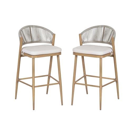 Christopher Knight Home Hearth 30.25" Patio Barstools Set of 2, Woven Wicker Counter Stool, Aluminum Frame Barstool, PE Rattan Scallop-Shape Backrest Woodlike Stool for Backyard Balcony, Maple by Christopher Knight Home - Image 3