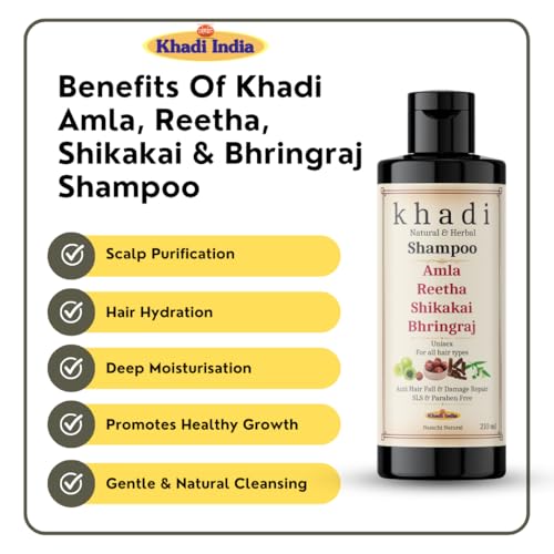 Image of Namchi Natural KHADI Natural Amla, Reetha, Shikakai & Bhringraj Shampoo | Anto Hair Fall & Damage Repair | Sulfate, SLS & Paraben Free | 210 ML