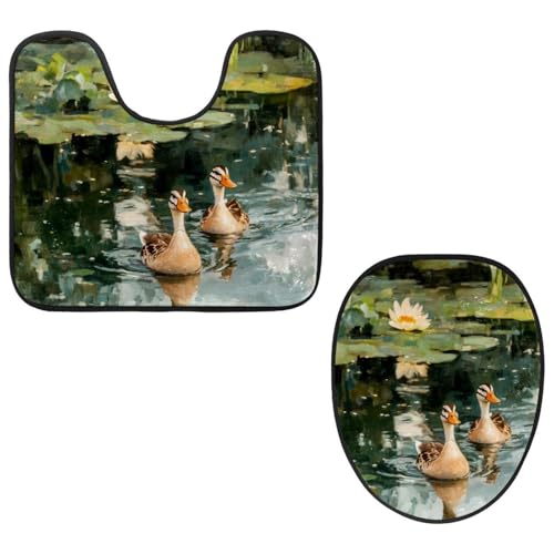 Image of VAPOKF 2 Pieces Pedestal Bathroom Rugs Set, U-Shaped Contour Mat and Toilet Lid Cover, Soft Non-Slip Flannel Bathroom Mat Toilet Seat Cover - Indian Runner Ducks on Lotus Pond