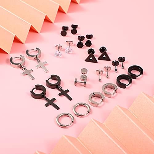 AKlamater 12 Pairs Stainless Steel Mens Earrings Stud Small Cross Drop Earrings Hoop Earrings Barbell Dumbbell Earrings Unisex for Women Men Girls