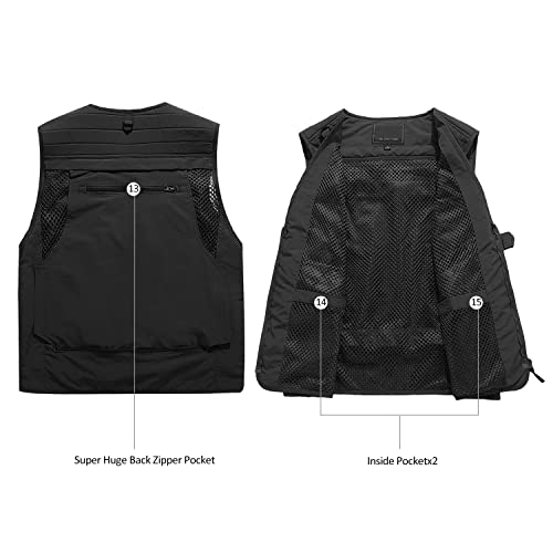 Pishon Men's Outdoor Work Safari Fishing Vest Quick Dry Casual Lightweight Travel Photo Cargo Vest With Multi Pockets, Black, X-Large #TOP7