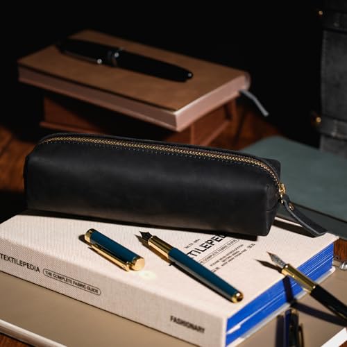Image of ECHSRT Small Genuine Leather Pencil Pouch for Adults, Black | Crazy Horse Leather Finish, Compact Writing Instrument Storage