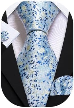 Barry.Wang Mens Floral Ties Set Silk Necktie Handkerchief Cufflinks for Formal Wedding Business