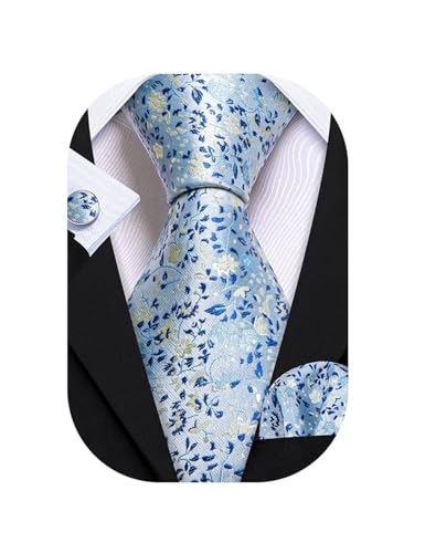 Barry.Wang Mens Floral Ties Set Silk Necktie Handkerchief Cufflinks for Formal Wedding Business