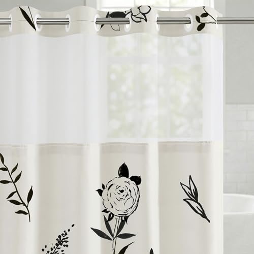 Americanflat 72x75 Hookless Shower Curtain - Water-Resistant Floral Shower Curtain with Sheer Panel, Snap-in Liner, and Durable Grommets - 100% Polyester - Black and White Botanical Bathroom Curtains by Americanflat - Used condition - CA$28.17