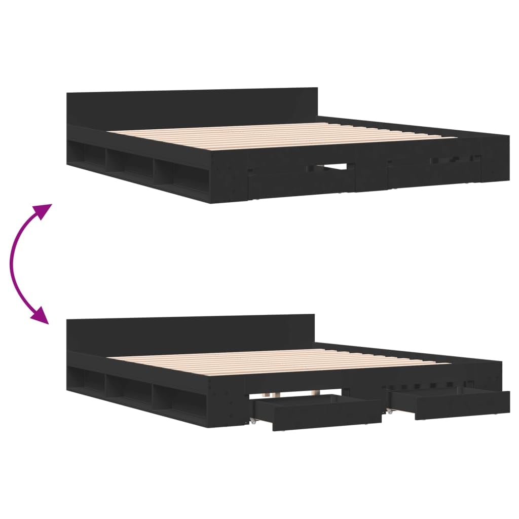 vidaXL Cadre de Lit Double Avec Tiroirs Noir 200x200 cm en Bois d'Ingénierie - Lit de Rangement