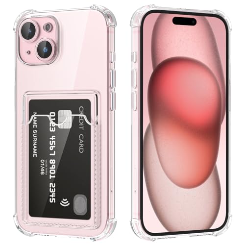 DEVASO Coque pour iPhone 15 avec Porte Cartes, Souple TPU Silicone Transparente Protection de la Caméra Étui Portefeuille Lentille Anti-Rayures Carte Housse