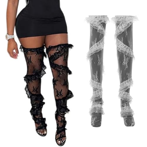 Image of Womens Aesthetic Sheer Flower Lace Thigh High Stockings Sweet Twill Ruffle Trim Patchwork Loose Over Knee Long Socks
