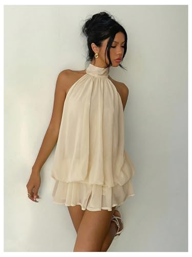 Verdusa Women\'s Chiffon Halter Drop Waist Wedding Guest Dresses Ruffle Summer Mini Dress Brunch Outfits Beige X-Large