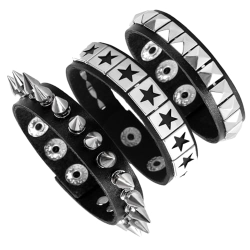 Eigso 3 Pcs Leather Punk Bracelets for Men Women of Rock Rivet Wrap Retro Spike Bracelet Adjustable