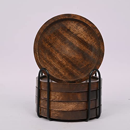 SAMHITA Mango Wood Coasters for Drinks with Iron Holder Stand Set of 5 for Drinking Glasses, Tabletop Protection for Any Table Type