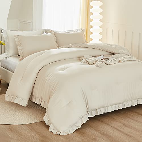 Litanika Full Comforter Set Beige, 3 Pieces Ruffle Farmhouse Aesthetic Bedding Comforter Set, Lightweight Fluffy Microfiber Bed Set (79X90In Comforter, 2 Pillowcases) #TOP2