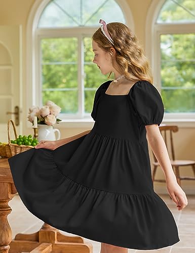 Arshiner Girl Puff Sleeve Dress A-Line Classic Elegant Beach Ruffled Flowy Swing Shift Casual Dresses For Kids Square Neck Black Girl Dresses Size 7-8 #TOP25