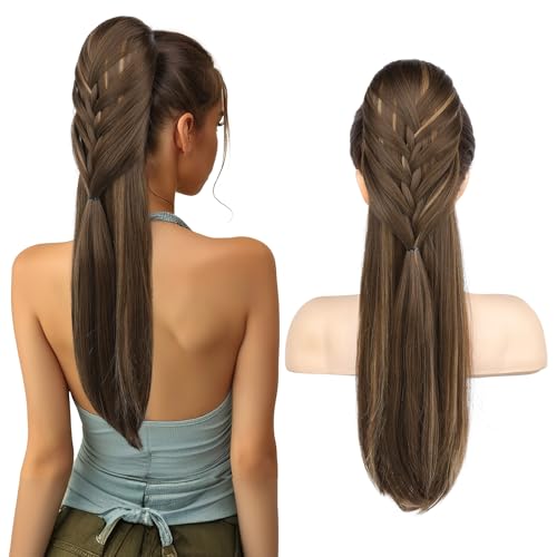 HOOJIH Ponytail Extension, 20 Inch Long Braid Drawstring Clip in on Ponytail Hair Extensions Synthetic Hairpiece for Women - Chocolate Brown with Highlights