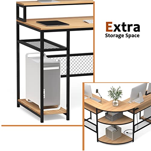 Ayeasy 66" L Shaped Computer Corner Desk, Reversible Corner Desk With Usb Charging Port & Power Outlet, L Shape Gaming Desk With Monitor Shelf And Storage Shelves, Large Home Office Desk, Natural #TOP5