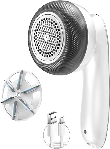 毛玉取り 電動 けだまとり Type-C充電式 毛玉取り機 強力6枚刃 生地を傷めない 毛玉取り器 替刃付き 安全装置 コードレスで使える 持ちやすい 様々な⾐類 靴下 マフラーのけだまとるとる 毛玉クリーナー軽量 旅行 主婦 自宅用 贈り物（ホワイト）