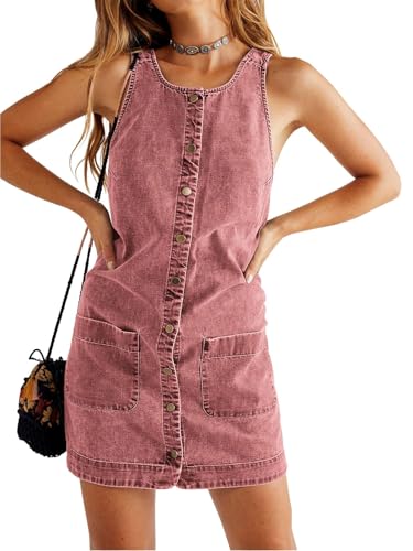 Image of Yousify Womens Casual Sleeveless Denim Overalls Dresses Button Down Summer Jean Mini Dress 2025 Trendy Romper With Pockets