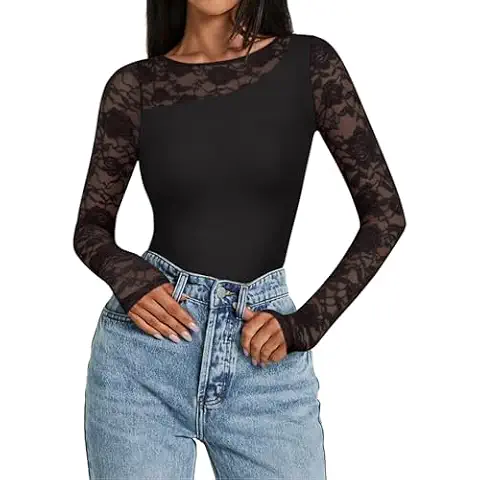PINKMSTYLE Womens Round Neck Long Sleeve Bodysuits Double Lined Going Out Tops Sexy Night Out Outfits Black X-Large Cover