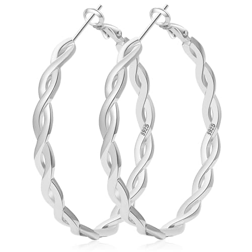 Senteria Sterling Silver Hoop Earrings for Women Lightweight Twisted Hoops Hypoallergenic Small Silver Earrings 50MM