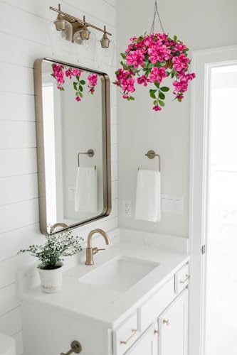 Briful Fake Hanging Flowers with Basket, Artificial Bougainvillea Silk Plants Faux Spring Flowers for Outdoor Front Porch Patio Garden Balcony Decorations(Hot Pink)