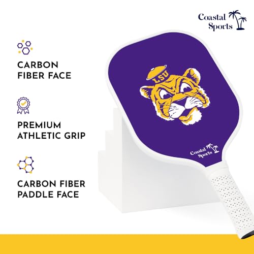 Image of LSU Pickleball Paddle | Officially Licensed Collegiate Pickleball Paddle | Honeycomb Polymer Core | Graphite Face | Premium Leather Grip | Lightweight
