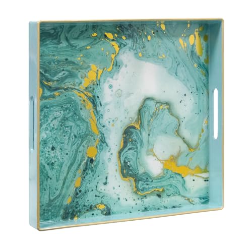 MAONAME Plastic Serving Tray with Handles, 13" Green Square Decorative Tray
