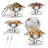 4er Set Chafing Dish Buffet Set 5L Rund, Edelstahl Speisenwärmer Mit Deckel & Deckelhalter, Warmhaltebehälter Inkl. Servierlöffel & Zange, Buffetwärmer Für Gastro, Party, Hochzeit & Bankett