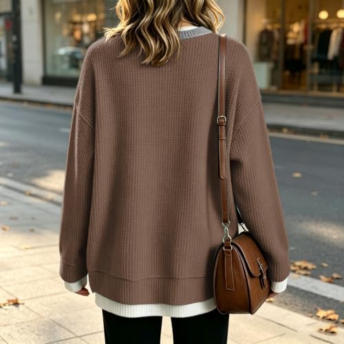 Waffle Knit Womens Crew Necks Sweatshirts Oversized Layered Shirts Brown - image 6